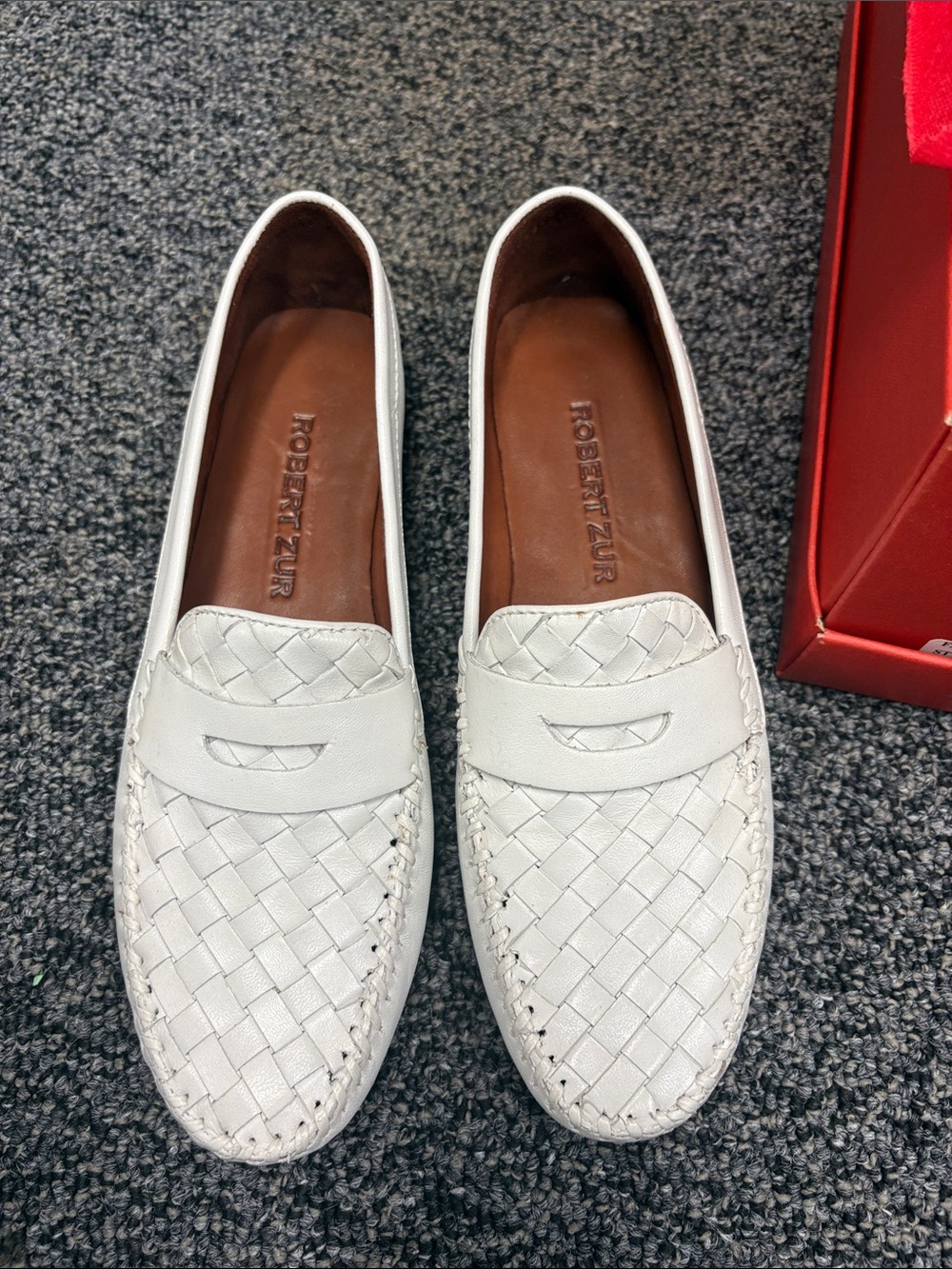 Robert Zur White Woven Leather Penny Loafers - Slip-On Flats